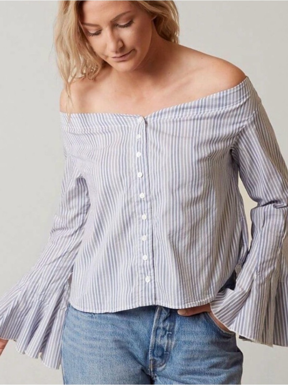Free People Blue & White Striped Off-Shoulder Button Front Top